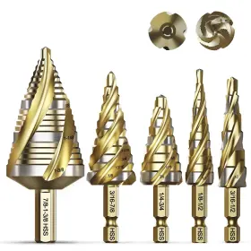 Bestwork Bs-bs2208-usa Four Spiral Flute Step Drill Bit Set 5pcs 1/8 Inch -1-3/8 High-speed Steel Unibi