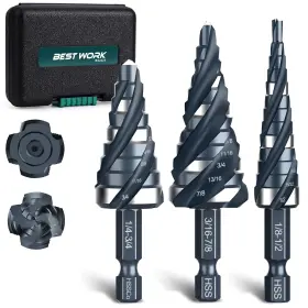 Bestwork Bs2228 Four Spiral Flute Step Drill Bit Set 3pcs 1/8 Inch -7/8 High-speed Steel Unibit