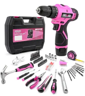Hy090273 Dowell 147 Pcs Pink Tool Kit With 12v Cordless Drill 3/8 Inch Keyless Chuck