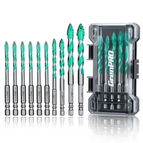 Grenpro 071283 10pcs Serrated Masonry Drill Bit Set Hex Shank Yg6x Carbide 1/4 Inch To 7/12 I
