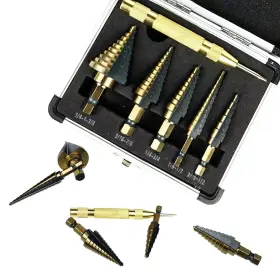 Jot897-hex Jombull 6 Pcs Step Drill Bit Set Hss Unibit And Automatic Center Punc