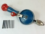Vintage Stanley Hy-lo Crank Drill #03-222A Wood Handle Red Blue All 8 Bits. Fixed Price $25.00.
